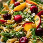 Cherry & Peach Pasta Salad with Feta, Arugula, and Honey-Lemon Dressing