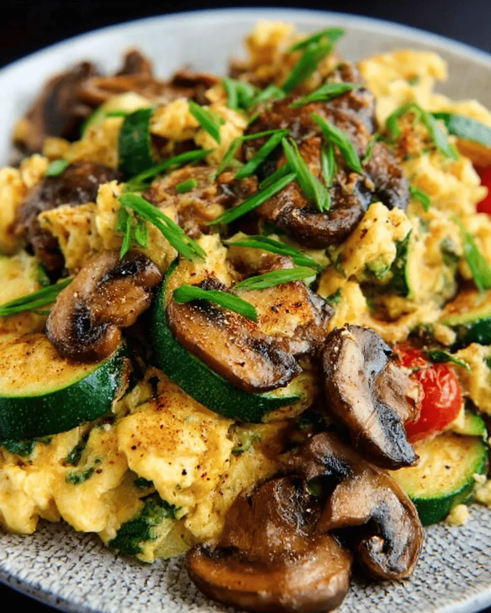 Veggie-Packed Zucchini Scramble with Turkey Bacon and Mushrooms