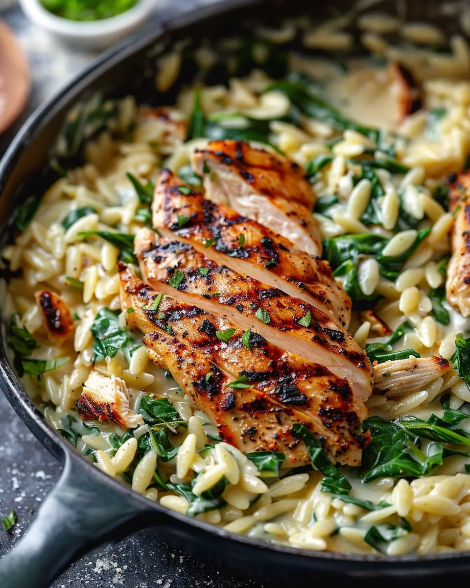 Creamy Spinach Parmesan Orzo: Indulgent Grilled Chicken Delight