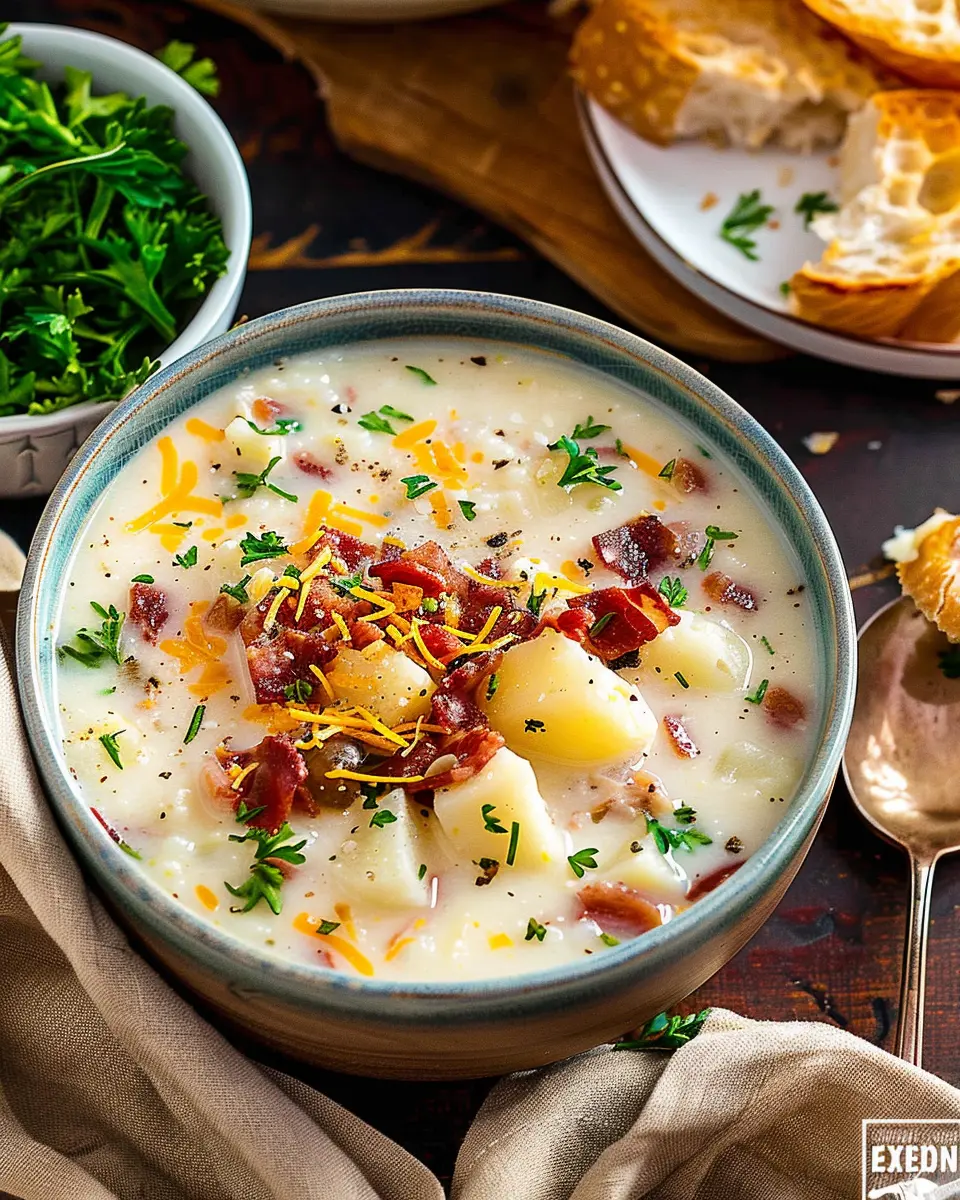 Easy Crockpot Potato Soup Recipe with Turkey Bacon and Chicken Ham