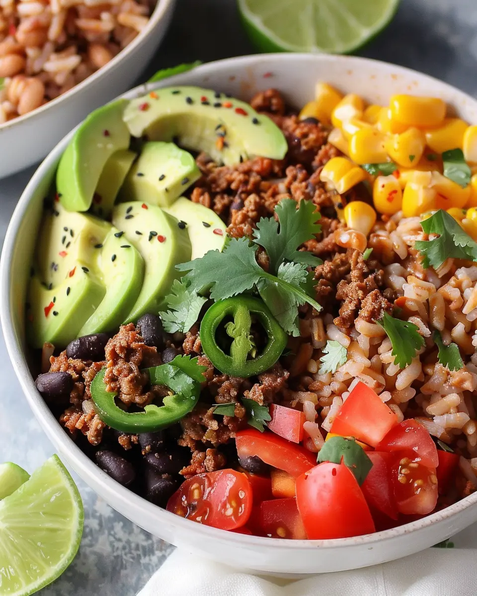 Easy Healthy Taco Rice Bowl with Turkey Bacon and Fresh Veggies