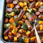 Sheet Pan Sausage and Sweet Potatoes with Honey Garlic Sauce