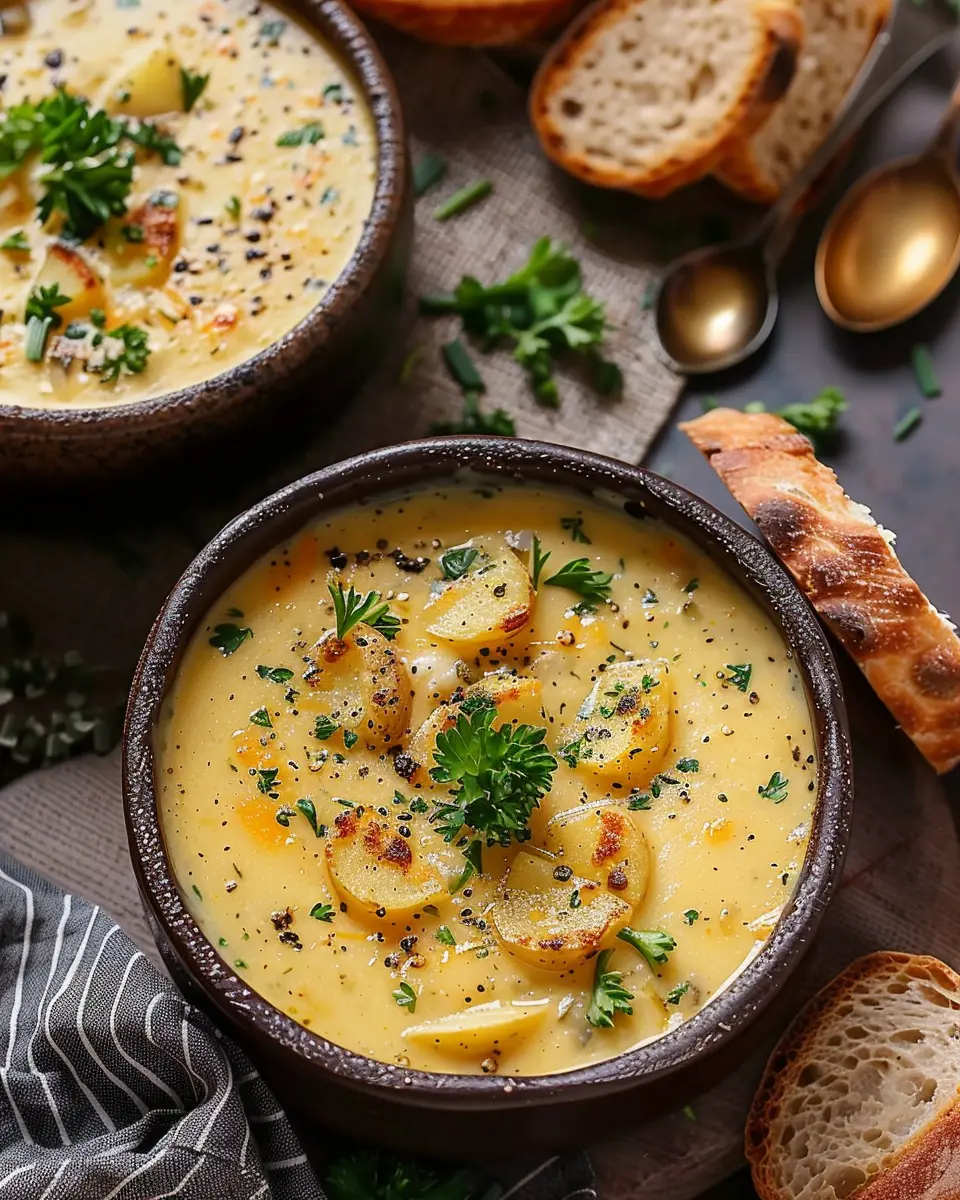 Hearty Cheddar Garlic Herb Potato Soup with Turkey Bacon Delight