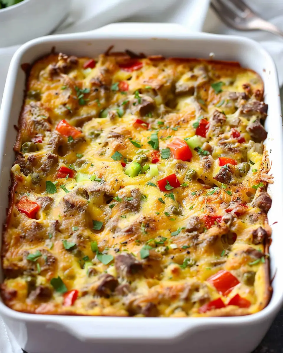 Breakfast Casserole with Turkey Bacon and Chicken Ham Delight