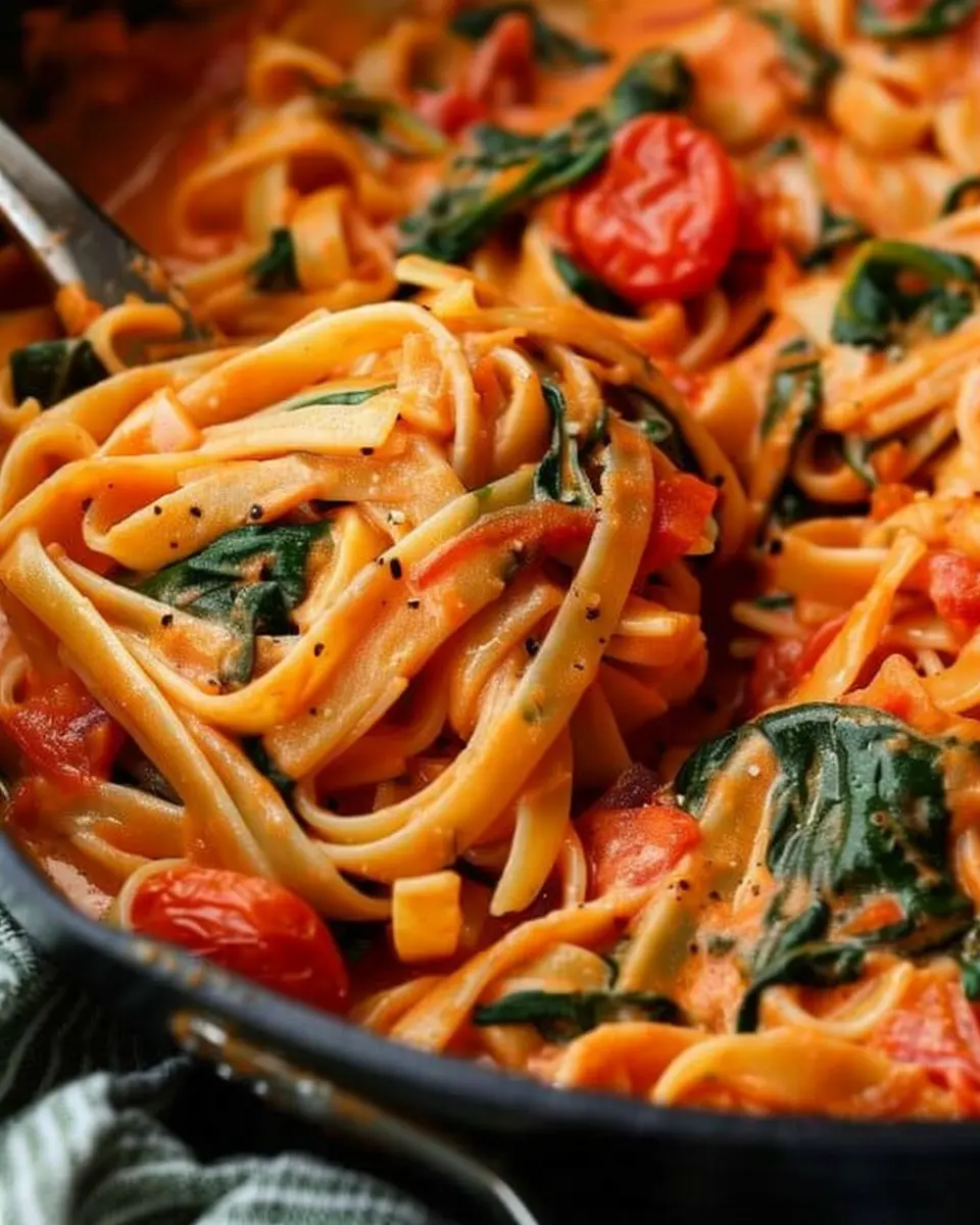 One-Pan Creamy Tomato Spinach Pasta with Turkey Bacon Delight