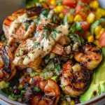 Grilled Shrimp Bowl with Avocado, Corn Salsa & Creamy Garlic Sauce