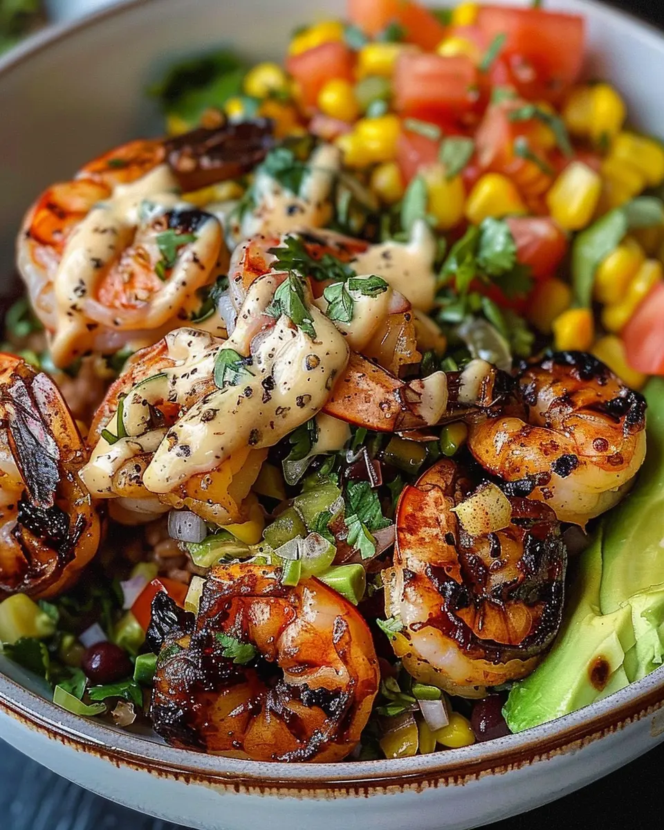 Grilled Shrimp Bowl: Easy Avocado Corn Salsa &amp; Creamy Garlic Sauce